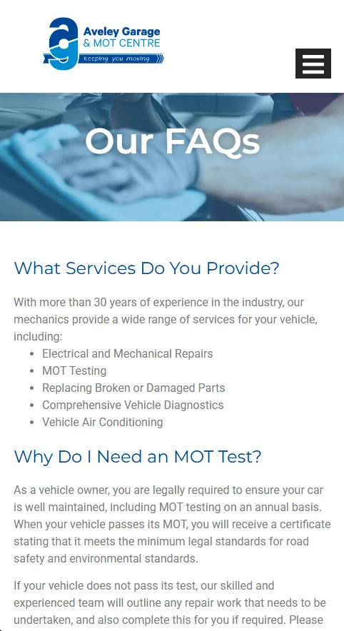 Mobile version of the Aveley Garage website