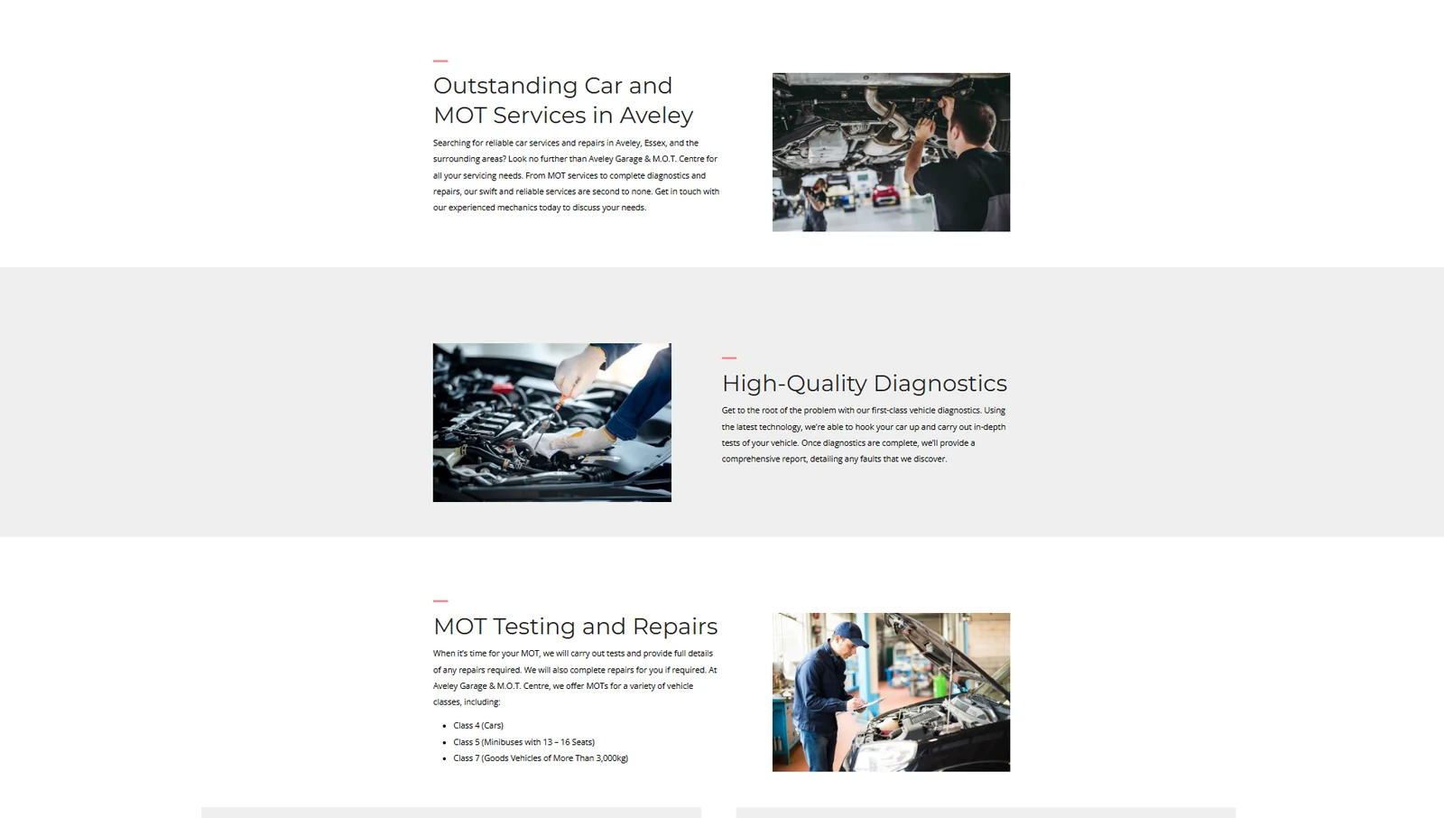 Vehicle services page designed for Aveley Garage